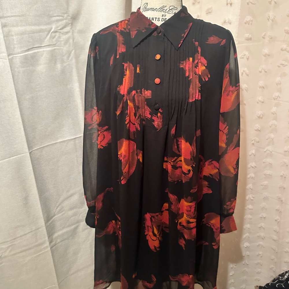 Nine West Black and Red Floral Long Sleeve Dress